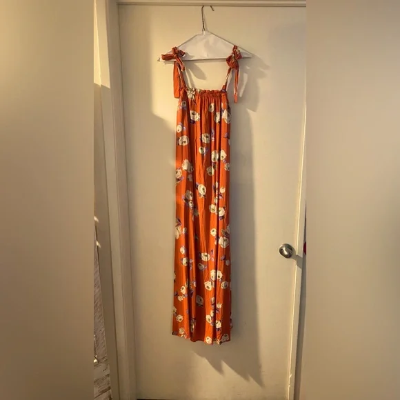 open lace back dress Arlowe Tied Shoulder Tiered Midi Dress Floral Orange main image 1